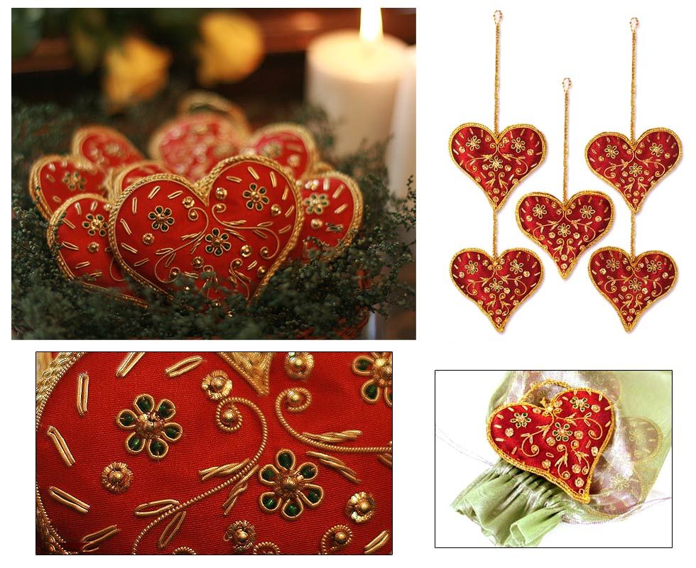 Burgundy Embroidered Heart Christmas Ornament, 5 ~ Free Pouch